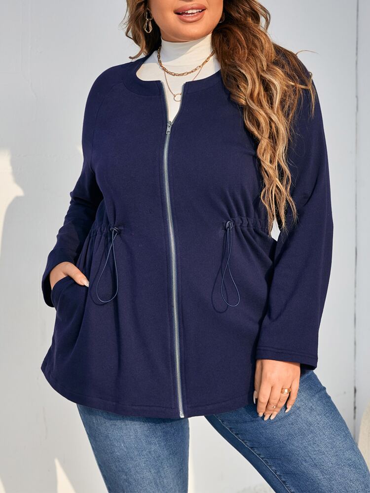 Plus Drawstring Waist Zip Up Coat