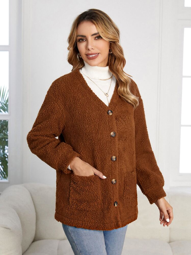 Dual Pocket Drop Shoulder Teddy Coat