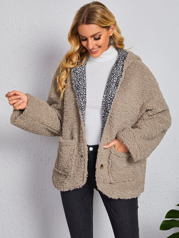 Leopard Lined Patch Pocket Hooded Teddy Coat Leopard Lined Patch Pocket Hooded Teddy Coat