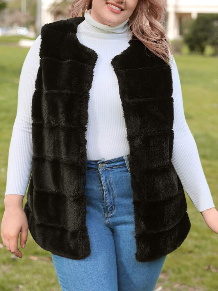 Plus Open Front Vest Fuzzy Coat