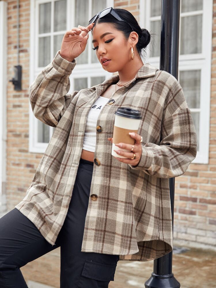 Plus Plaid Print Drop Shoulder Button Up Coat