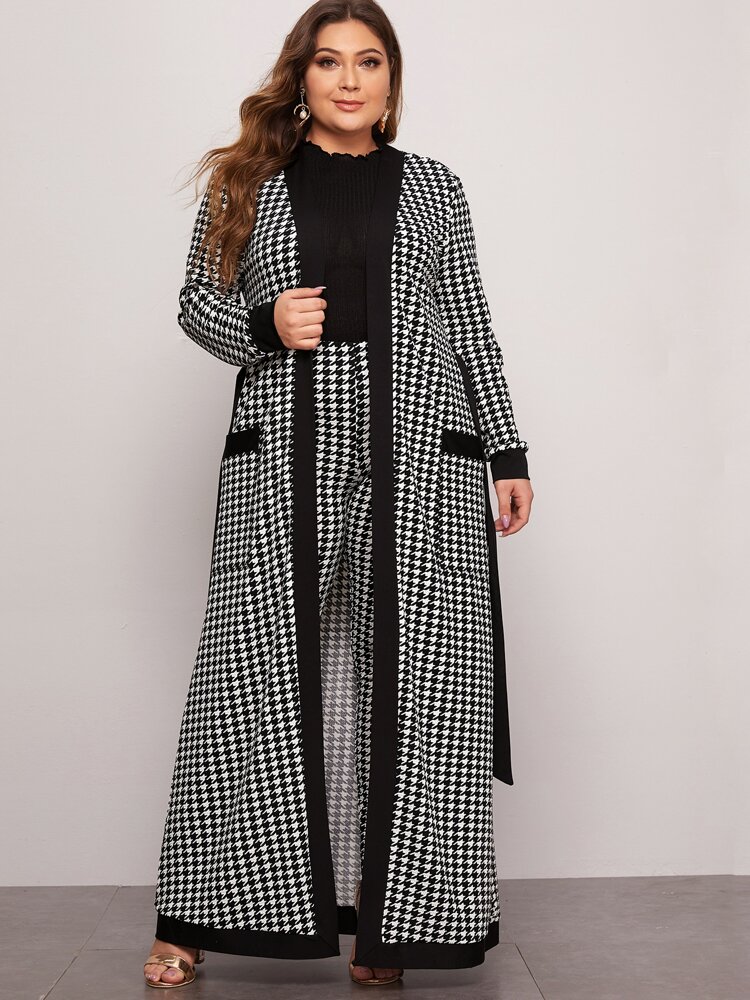 Plus Patch Pocket Belted Houndstooth Coat & Leggings Set