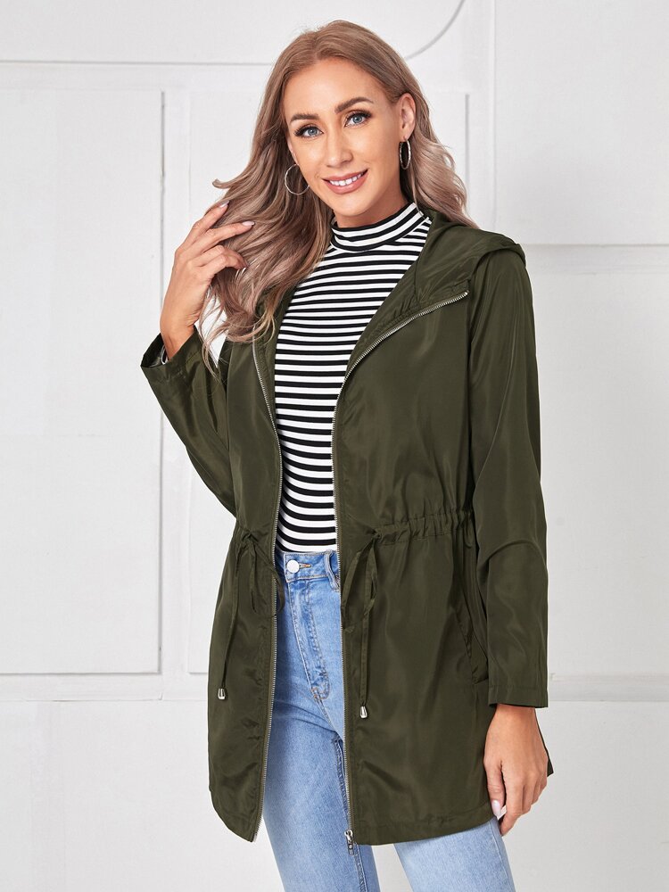 Zip Up Drawstring Waist Hooded Coat