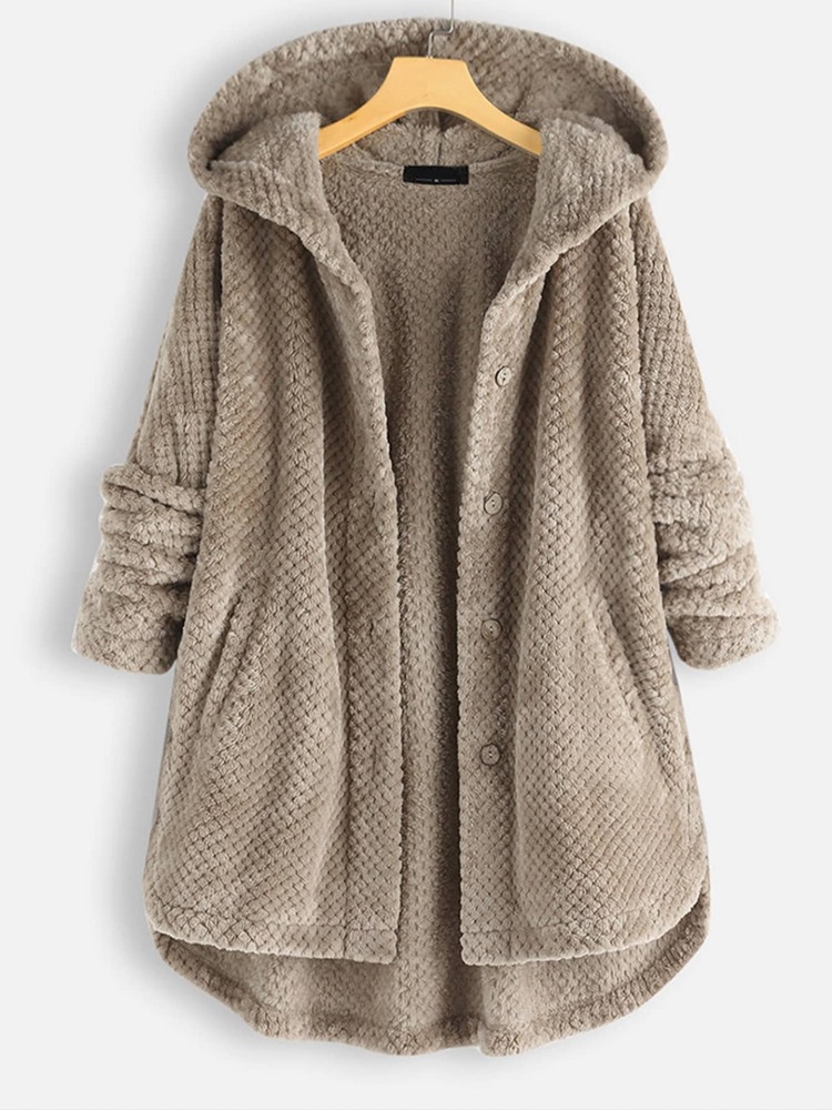 Plus Flannel Single Breasted High Low Hem Hooded Coat ZTLTWD7